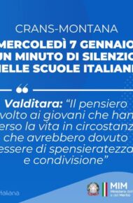Mercoledì 7 gennaio, in tutte le scuole italiane sarà osservato un minuto di silenzio in memoria delle vittime del tragico incendio avvenuto a Crans-Montana